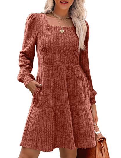 🍂2025 Automne Nouveau style 49 % de réduction⏰ Robe côtelée à encolure carrée et manches lanternes pour femme