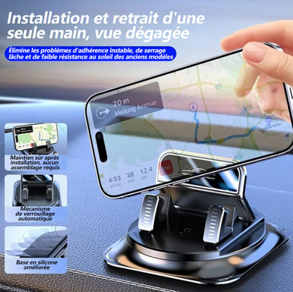 Support de téléphone pour voiture 🔄🚗 | Orientable à 360° · Verrouillage à une main en 0,1 s · Antidérapant et n'abîme pas le tableau de bord · Étanche et résistant aux taches