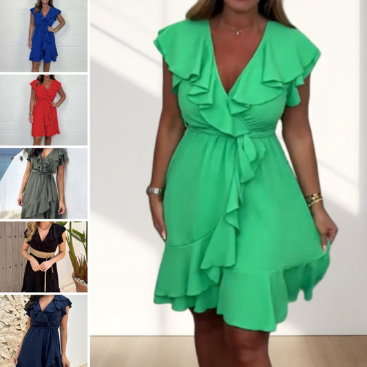🔥 Hot Sale 🔥Robe élégante à taille nouée et col en V à volants pour femmes