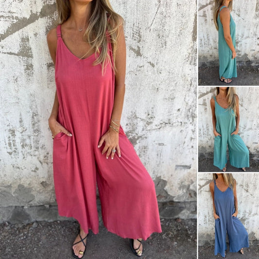 Combinaison décontractée pour femme en mélange de coton et de lin 😊 avec poches 🎒 et bretelles réglables 💪 dans une coupe ample 👗