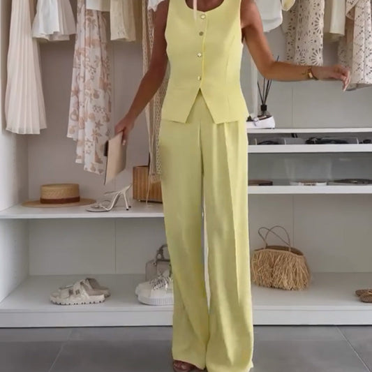 🌸Vente chaude d'été 49% de réduction🌸Ensemble haut sans manches et pantalon long pour femme