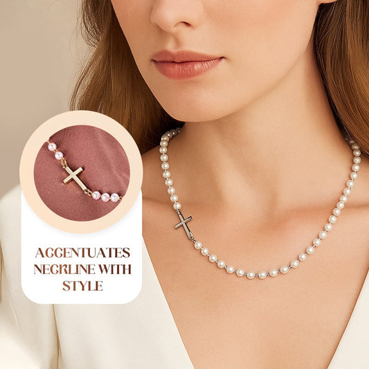 Collier de perles synthétiques à croix élégante pour femmes