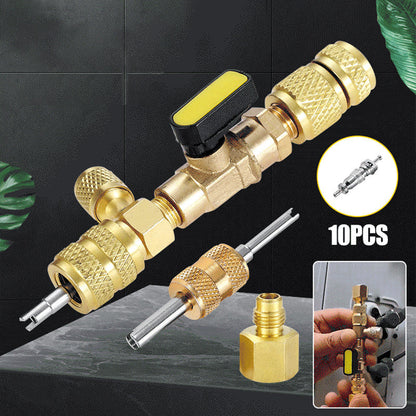 🔧❄️✨ PROMO -40% ! Outil de Retrait de Noyau de Valve Climatisation – Laiton, Double Ports SAE & 10 Noyaux Inclus