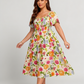 ⏰Soldes d'été : 70 % de réduction💃Robe midi à fleurs, col carré et smocks, avec poches