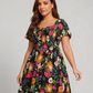 ⏰Soldes d'été : 70 % de réduction💃Robe midi à fleurs, col carré et smocks, avec poches