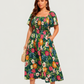 ⏰Soldes d'été : 70 % de réduction💃Robe midi à fleurs, col carré et smocks, avec poches