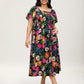 ⏰Soldes d'été : 70 % de réduction💃Robe midi à fleurs, col carré et smocks, avec poches