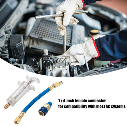 🔧❄️ PROMO -50% ! Injecteur Colorant & Huile Climatisation Auto – Laiton Premium Haute Résistance, Tuyau 2500 PSI, Raccord Rapide R134a, Corps Transparent Gradué · 230g ✨