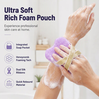 🛁✨ Éponge de bain ultra‑douce avec pochette à savon, exfolie doucement pour la peau