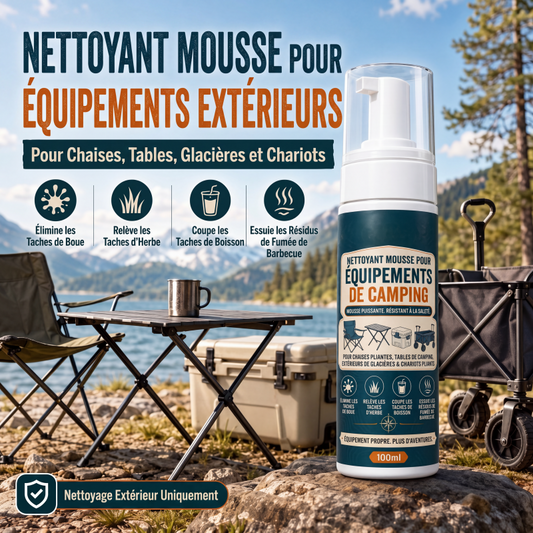 ⛺ Mousse nettoyante camping extérieur ✨ Puissante & sans rinçage, avec chiffon offert pour équipements outdoor🌿
