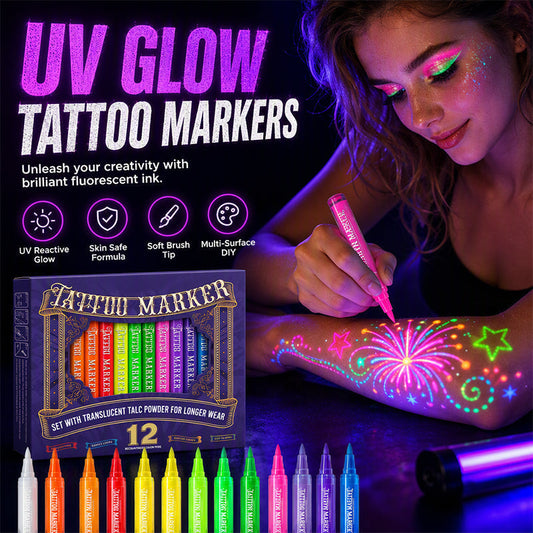 🔥PROMO 50% ! Stylos tatouage phosphorescents ✨ Brillent sous lumière noire, sans danger, s’effacent au lavage, fêtes et anniversaires 🎉